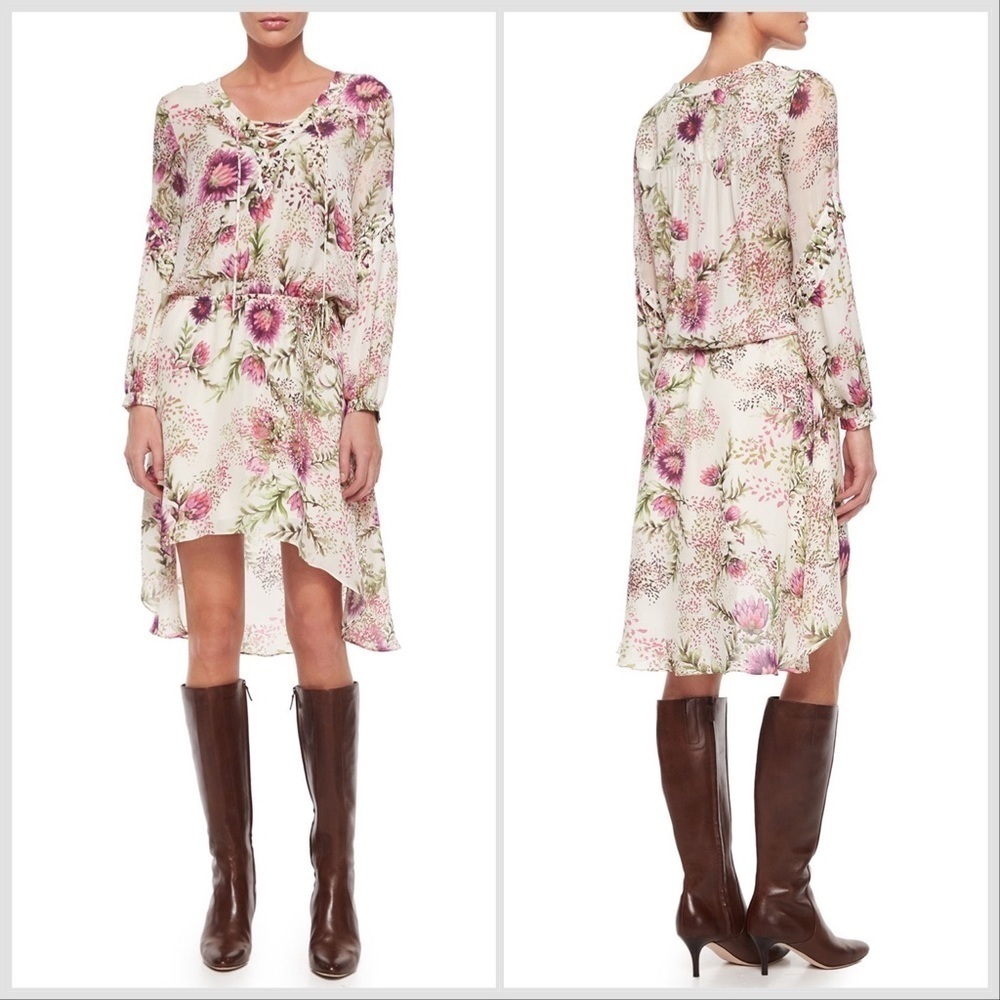 Haute Hippie Long Sleeve Lace-Up Floral Dress in Wildflower Pink Cream Sz XS